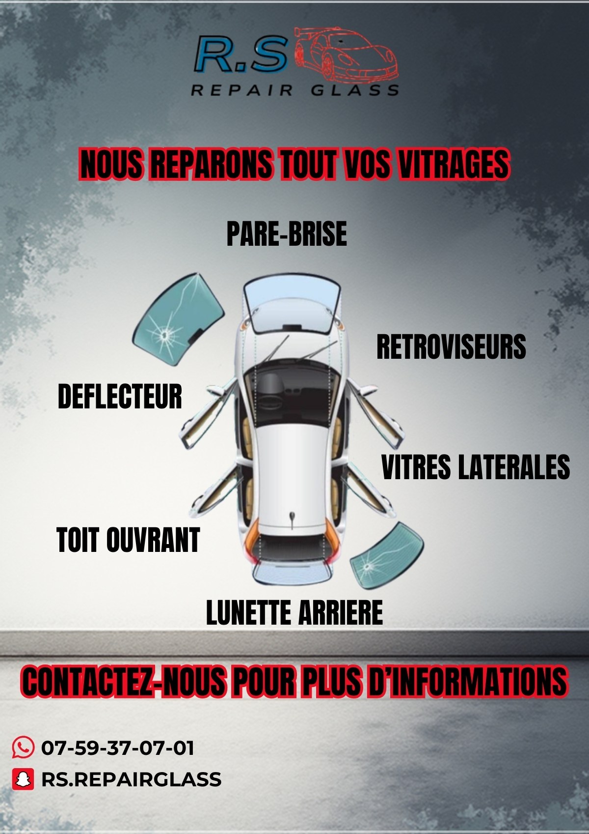 Voiture vue de dessus : pare-brise, vitres latérales, déflecteur, lunette arrière, rétroviseurs et toit ouvrant